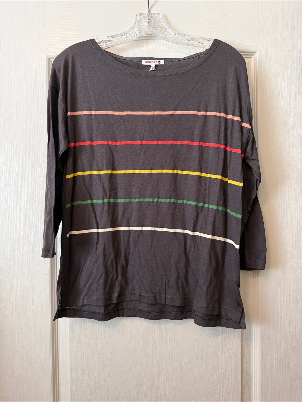 Sundry brand Grey Long Sleeve Tee with Pink Red Yellow Green and White Stripes